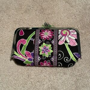 Vera Bradley Black Floral Kiss-Lock Wristlet with Pink & Green